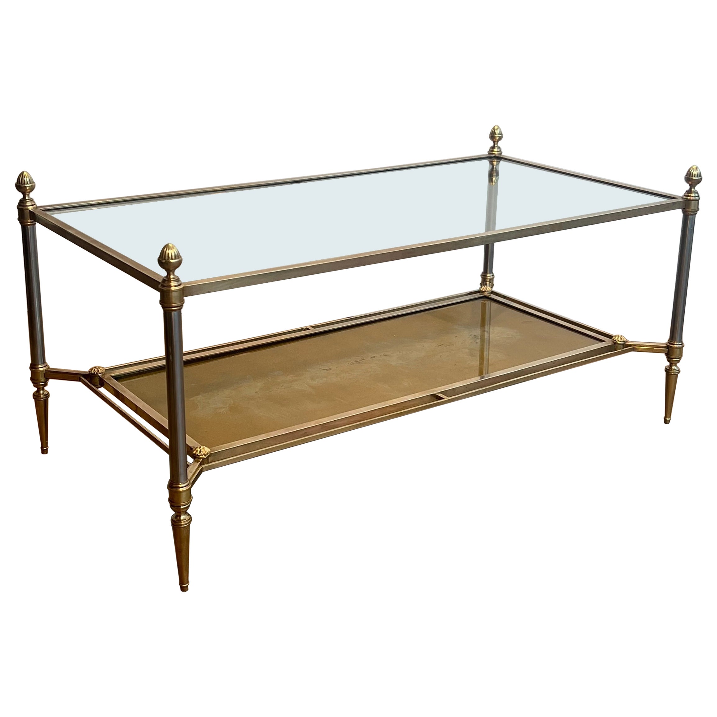 Brass & Steel Coffee Table with Glass & Eglomised Mirror Tops by Maison Jansen For Sale