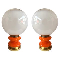 Contemporary Pair of Brass and Orange Murano Glass Bulbs Lamps, Italy