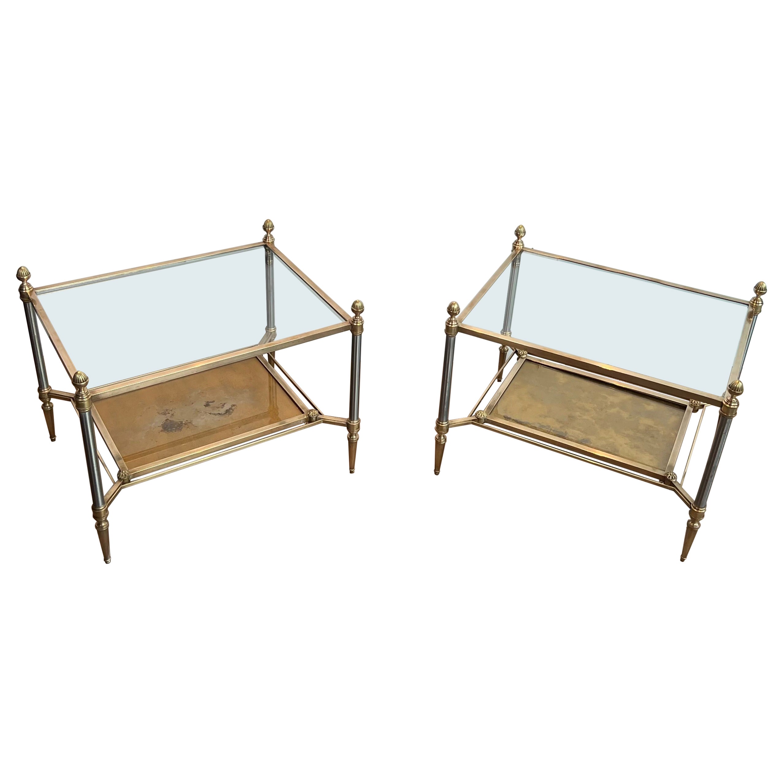 Pair of Neoclassical Style Steel and Brass Style Brass Side Tables by Maison Jan