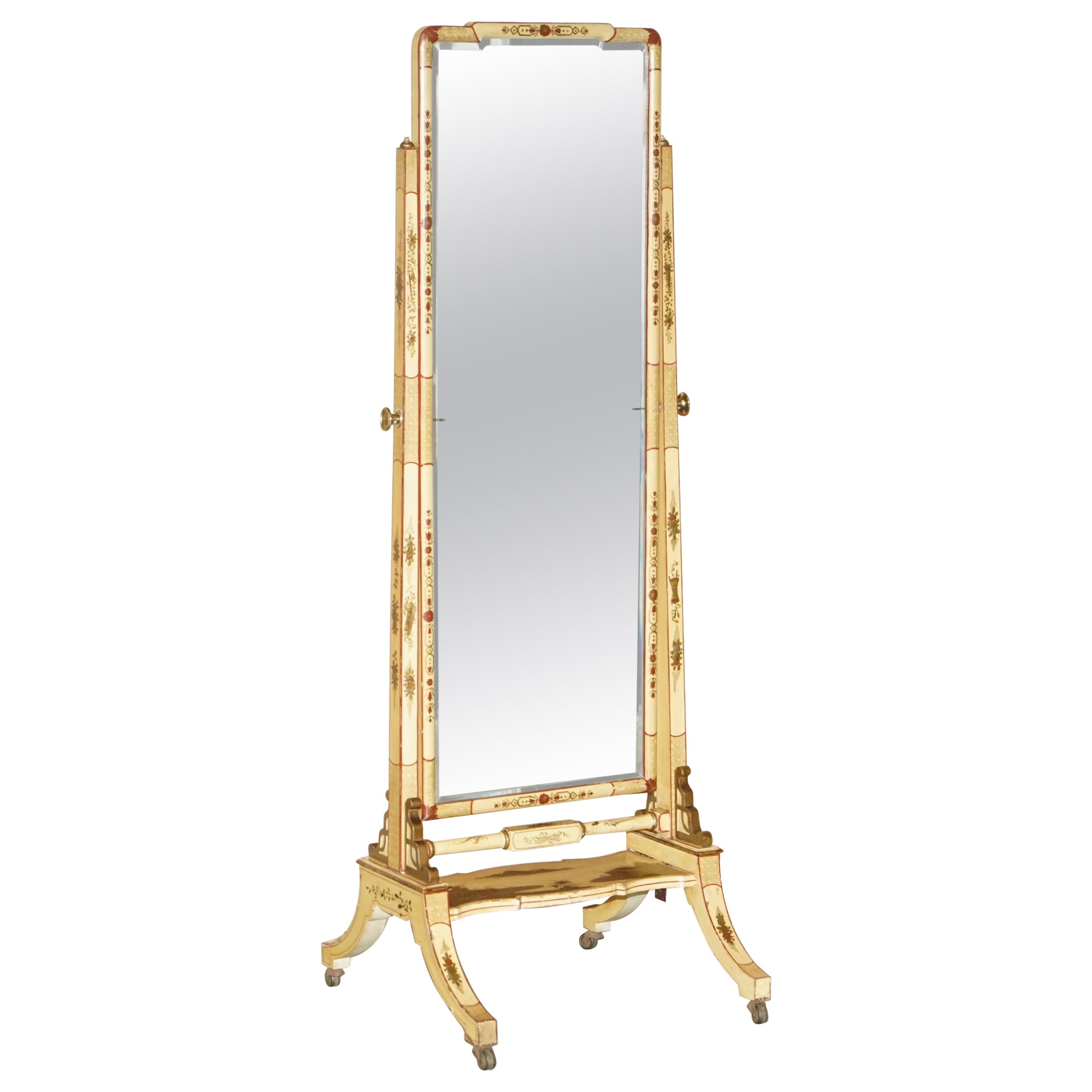 STUNNING ANTiQUE CHINESE EXPORT CIR 1920 HAND PAINTED & LACQUERED CHEVAL MIRROR im Angebot