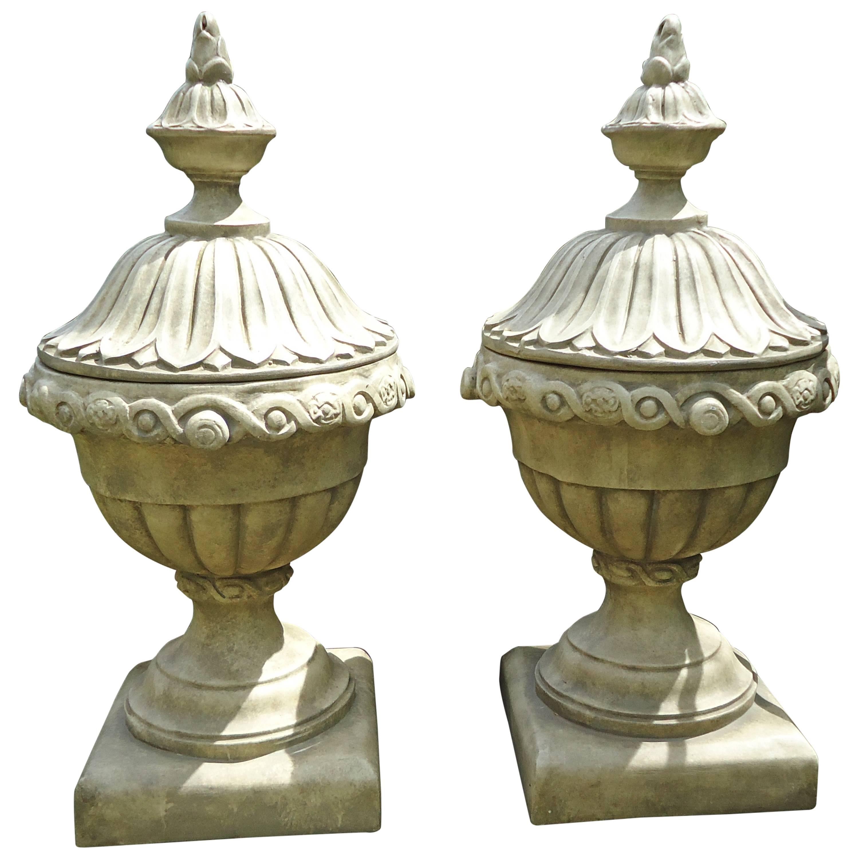 Pair of Faux Concrete Italian Urn Planters with Lids