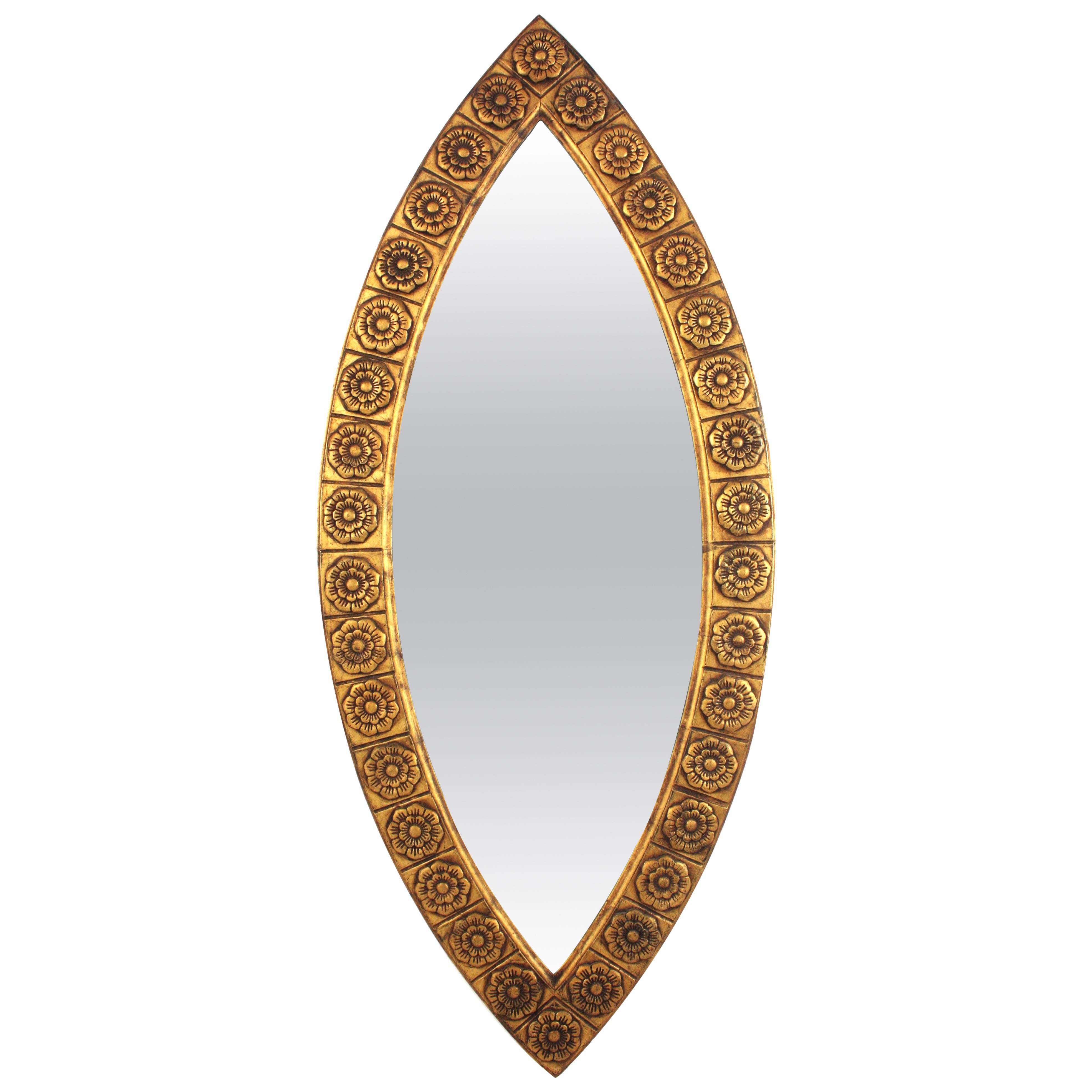 Large Floral Pointed Oval Mirror in Carved Giltwood, Spain 1950s For Sale