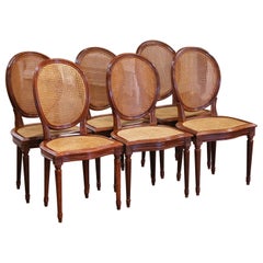 Mid-Century French Louis XVI Carved Walnut and Cane Dining Chairs, Set of Six