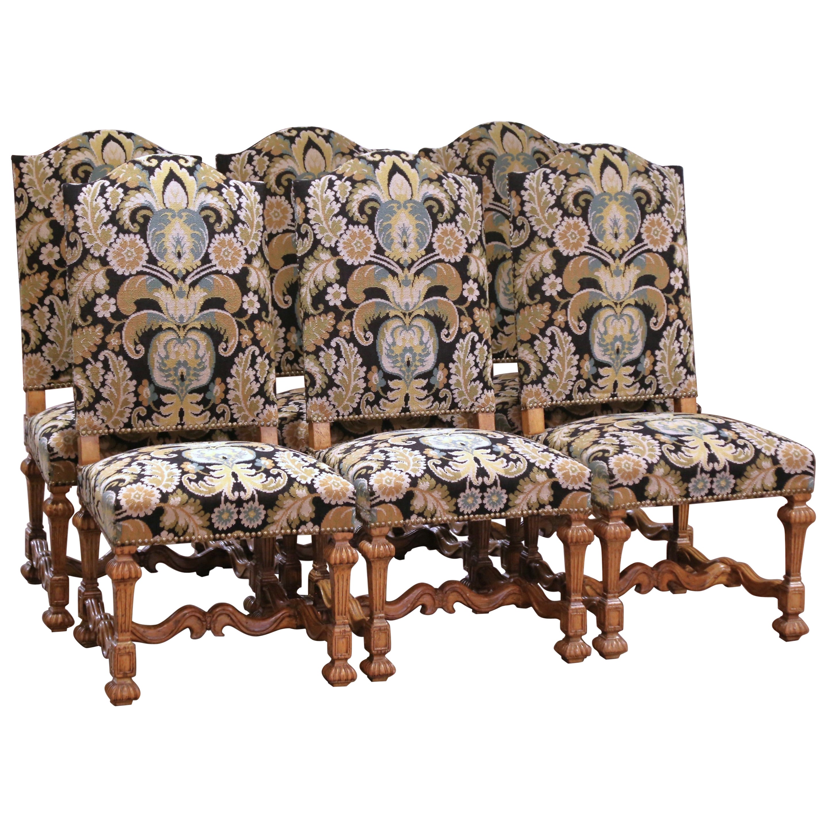 Mid-Century French Louis XIV Carved Oak Upholstered Dining Chairs, Set of Six For Sale