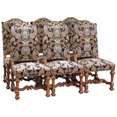 Mid-Century French Louis XIV Carved Oak Upholstered Dining Chairs, Set of Six