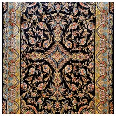 Black Floral Persian Kashan Style Natural Silk Carpet, 5x7.5 - in stock
