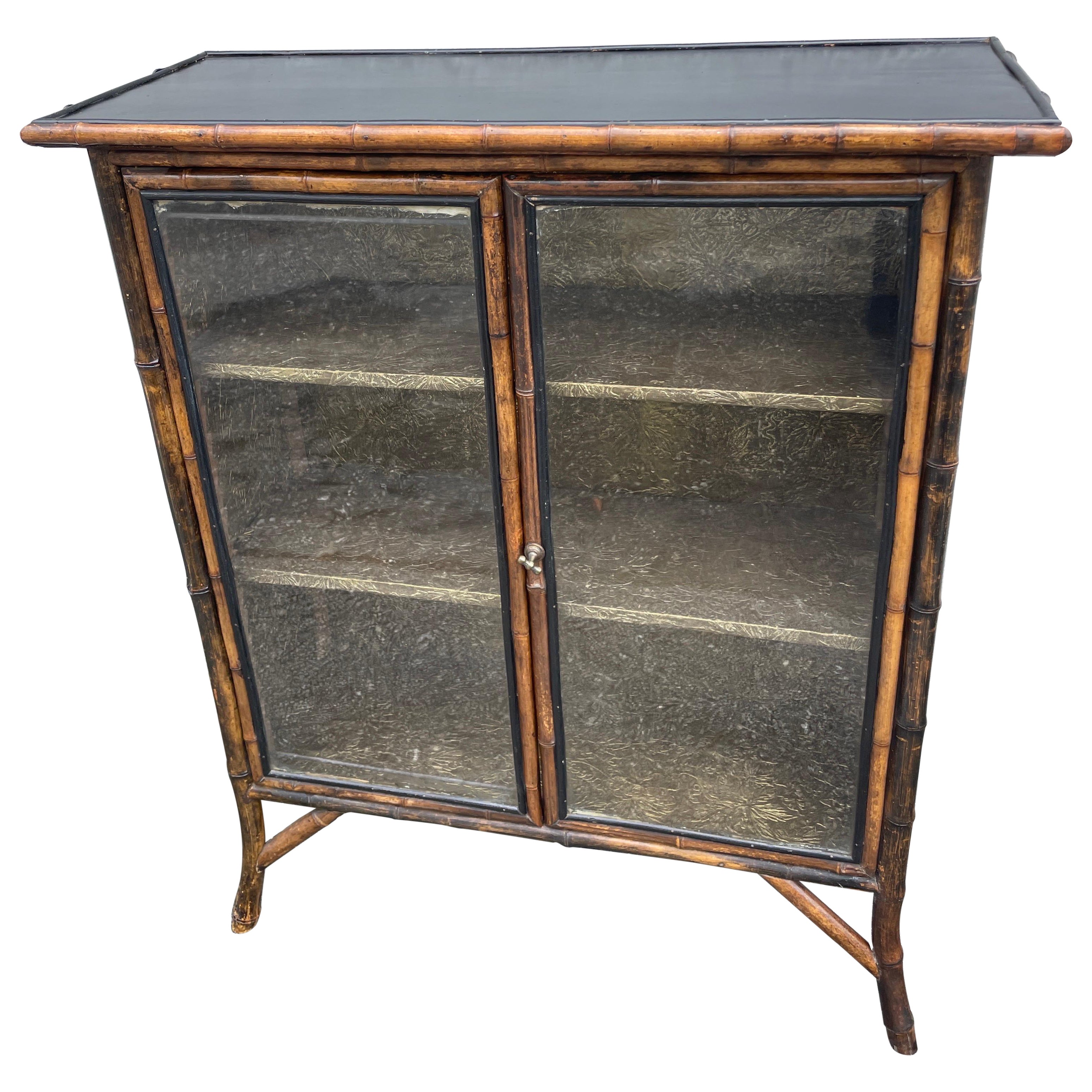 Antique Burnt Bamboo Cabinet with Glass Doors