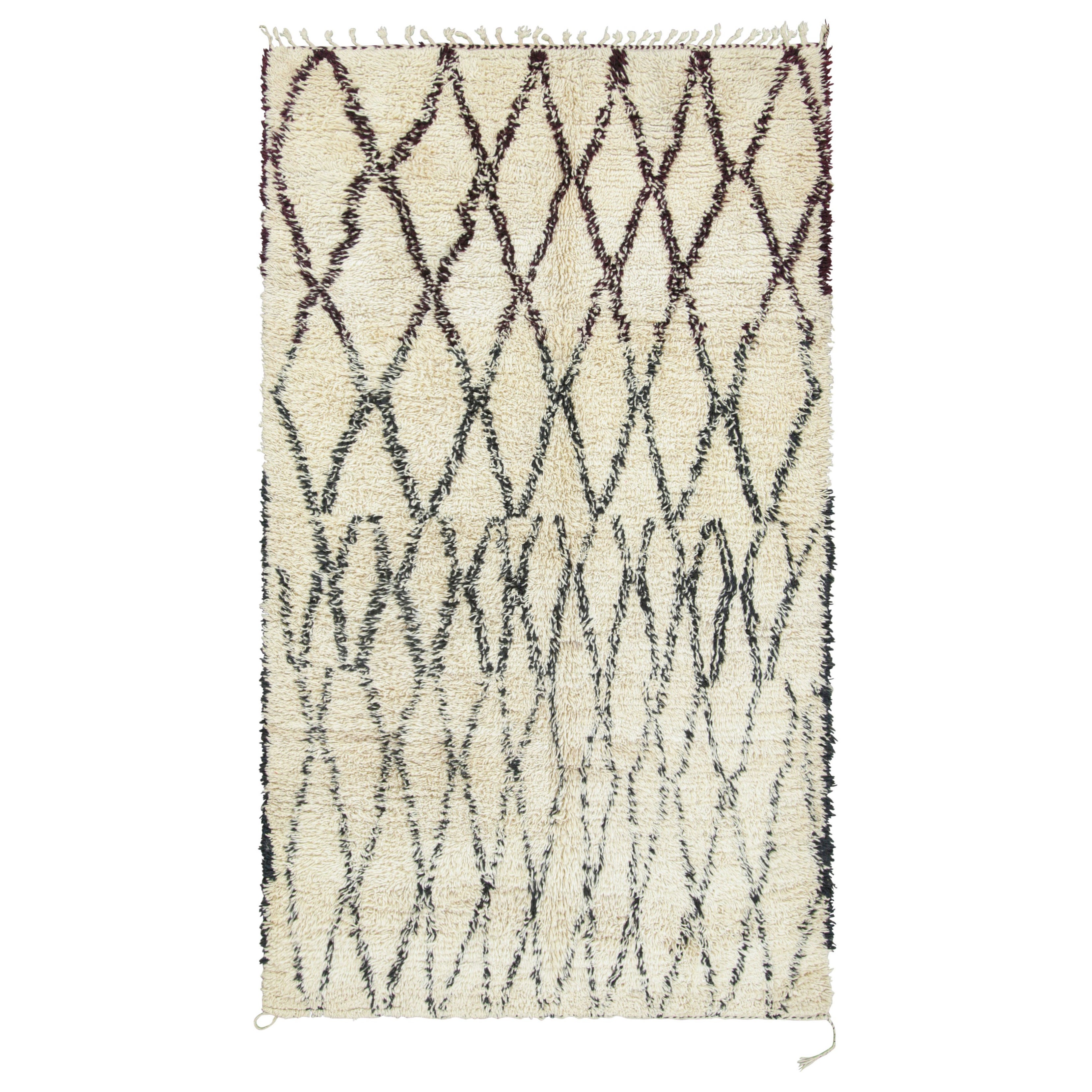 Vintage Moroccan Rug, Cream & Black with Diamond Patterns - Rug & Kilim