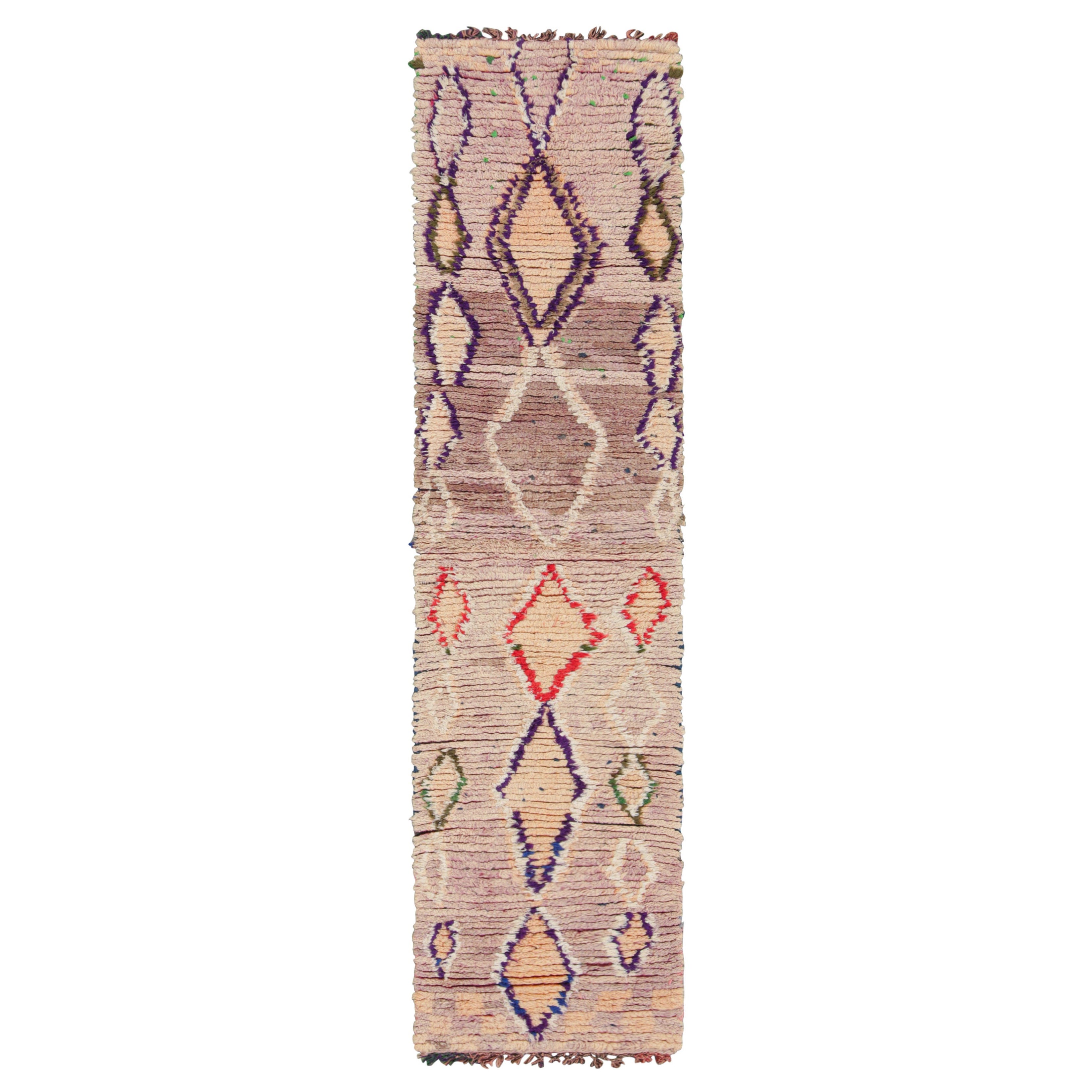 Vintage Moroccan Runner Rug Purple & Beige with Geometric Patterns - Rug & Kilim