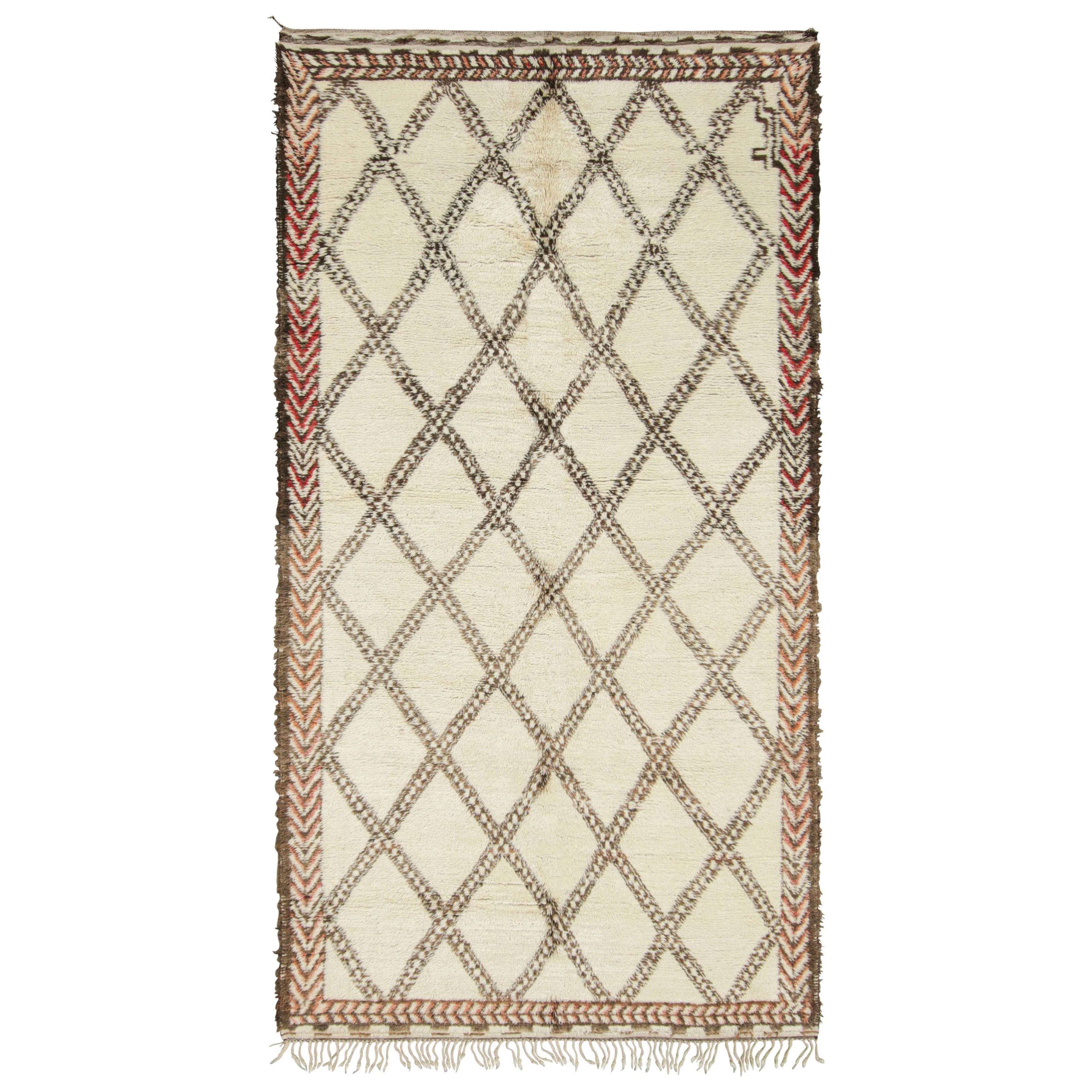 Vintage Moroccan Runner Rug, Cream & Brown with Diamond Patterns - Rug & Kilim