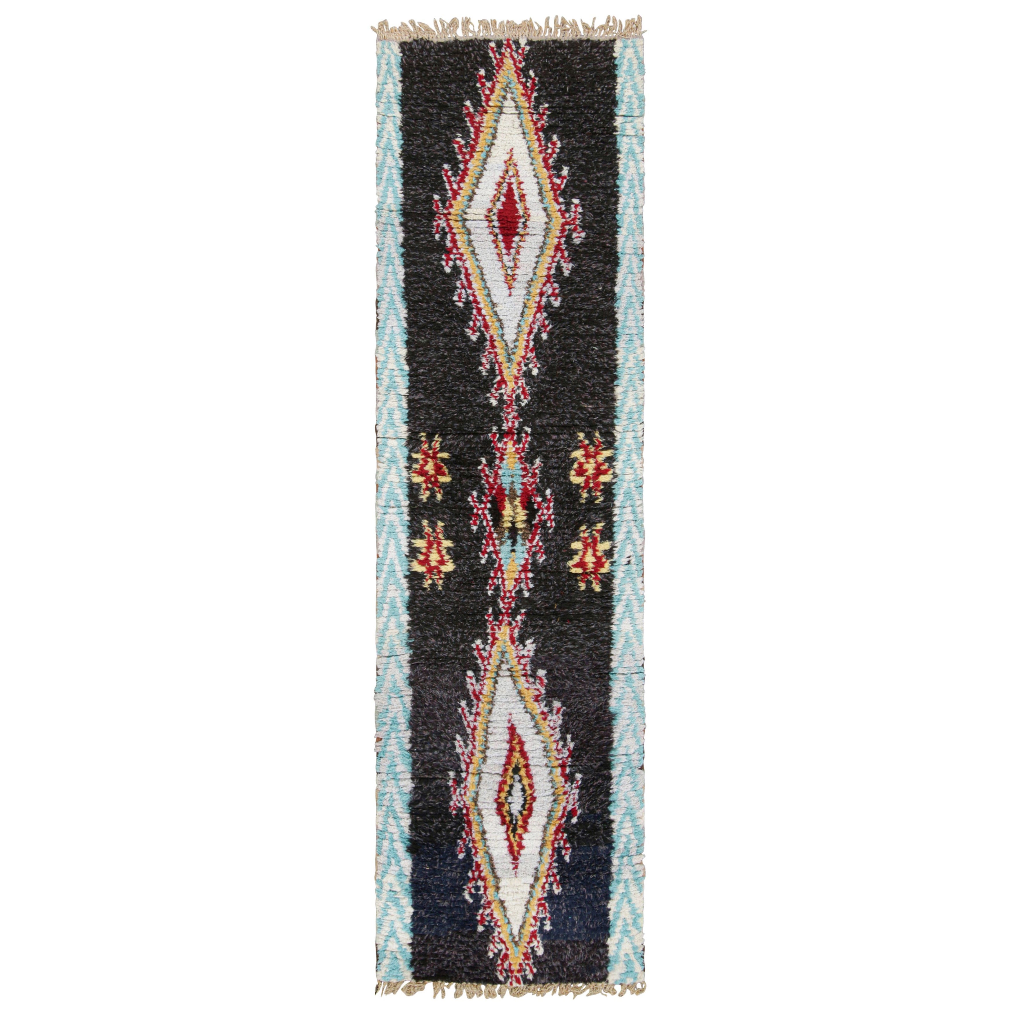 Vintage Moroccan Runner Rug in Black with Colorful Medallions - Rug & Kilim