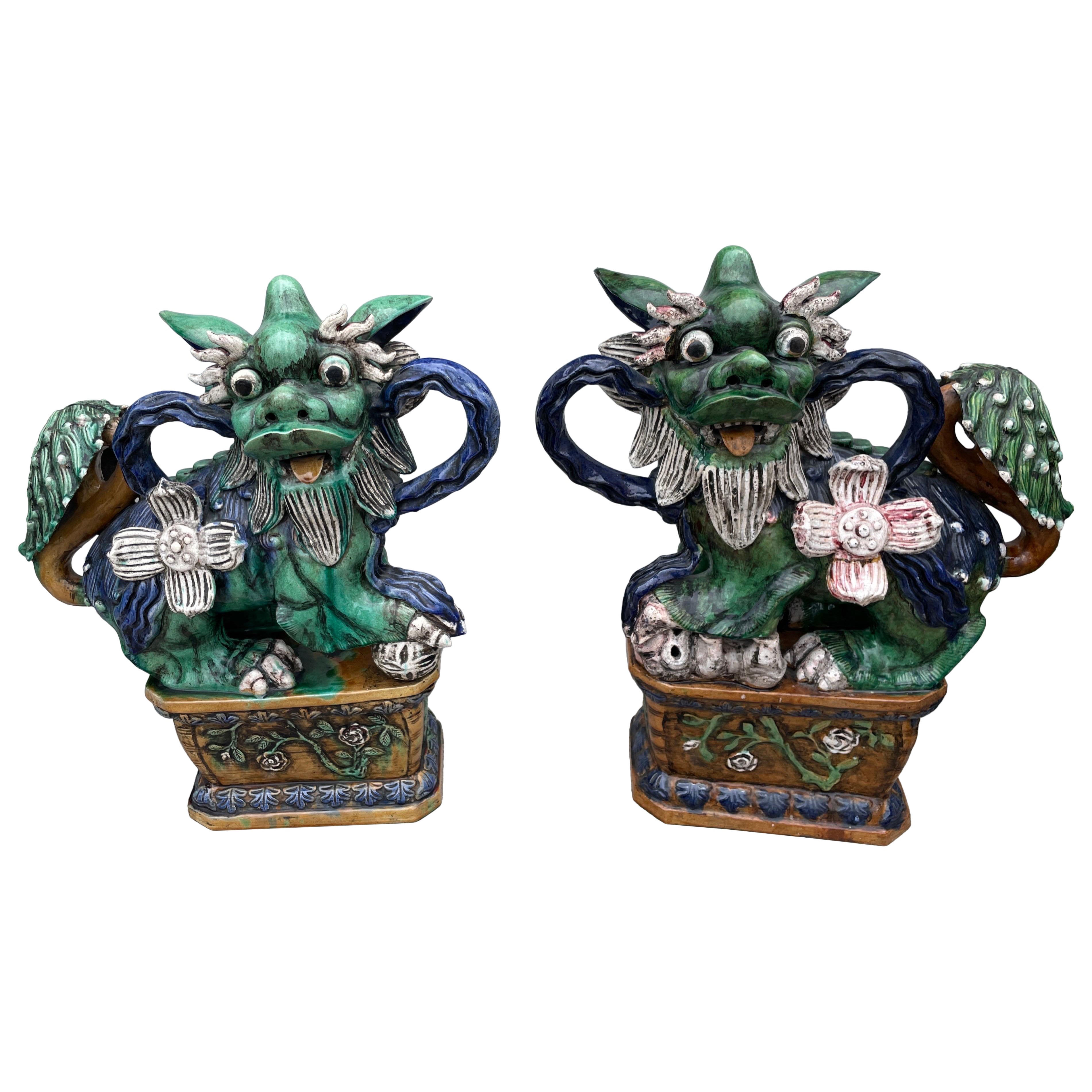 Large Pair of Glazed Terra Cotta Foo Dogs