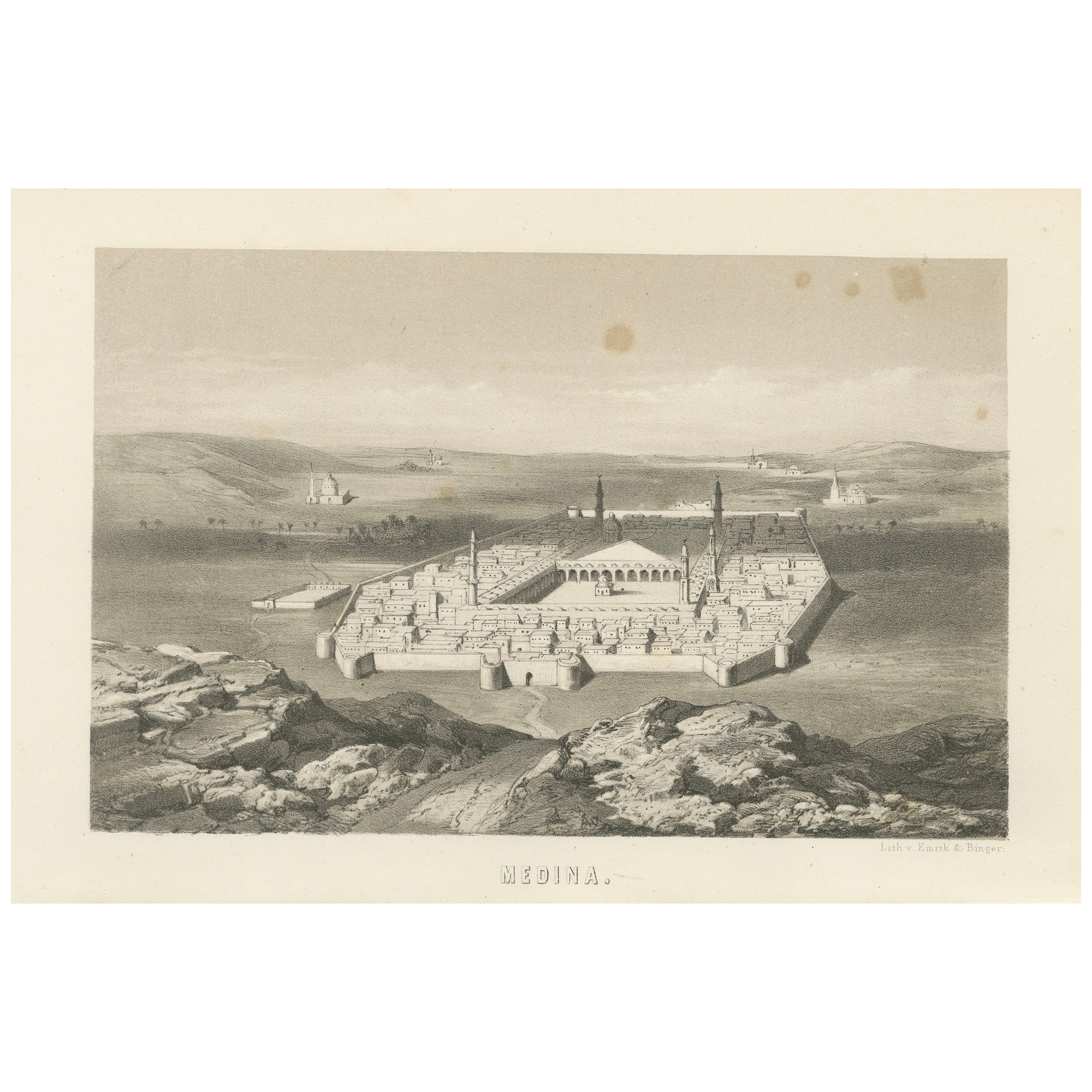 Islamic City View Print Medina and the Prophet’s Mosque, 1863 Dutch Lithograph