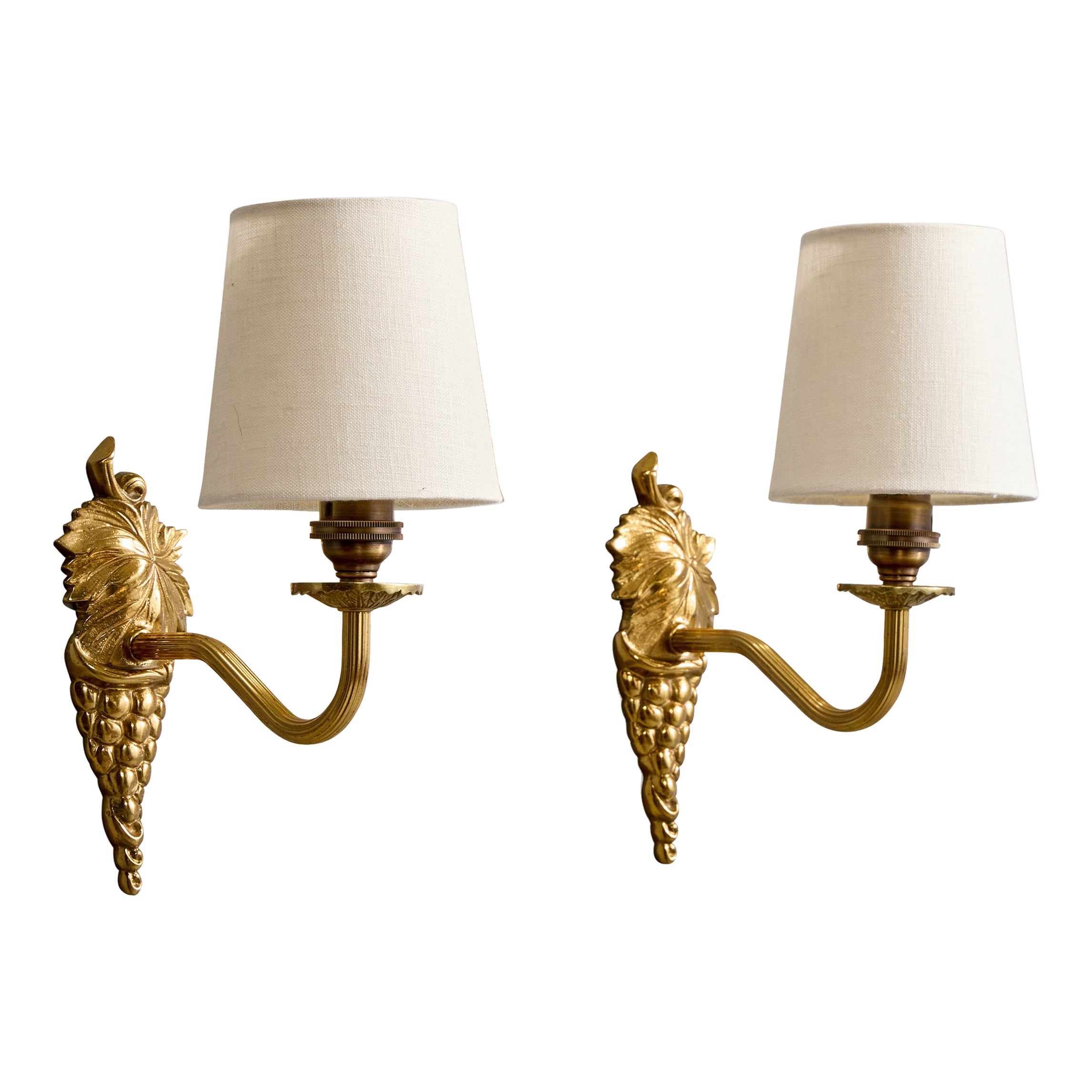 French Designer, Wall Lights, Brass, Fabric, France, 1950s