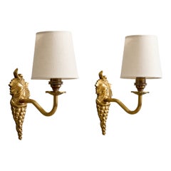 French Designer, Wall Lights, Brass, Fabric, France, 1950s