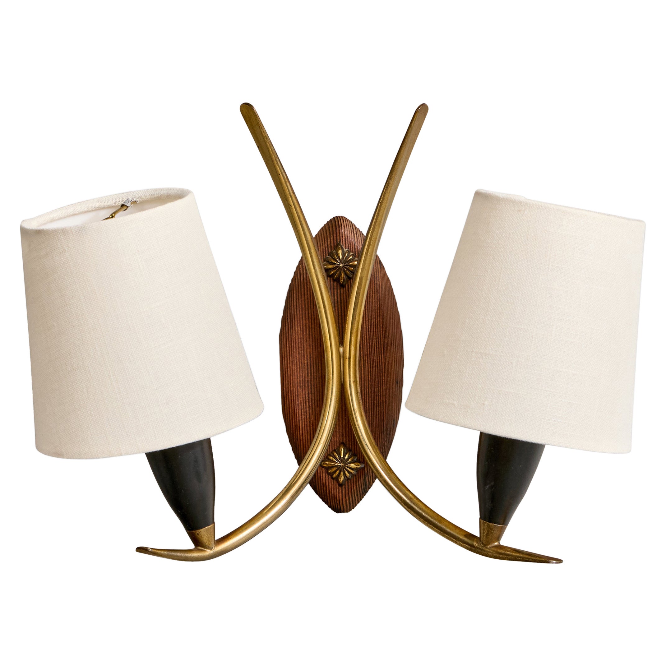 Norwegian Designer, Wall Light, Brass, Metal, Teak, Fabric, Norway, 1950s