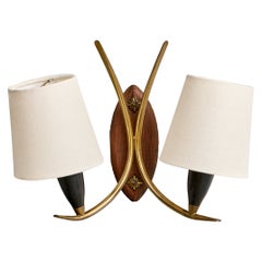 Norwegian Designer, Wall Light, Brass, Metal, Teak, Fabric, Norway, 1950s