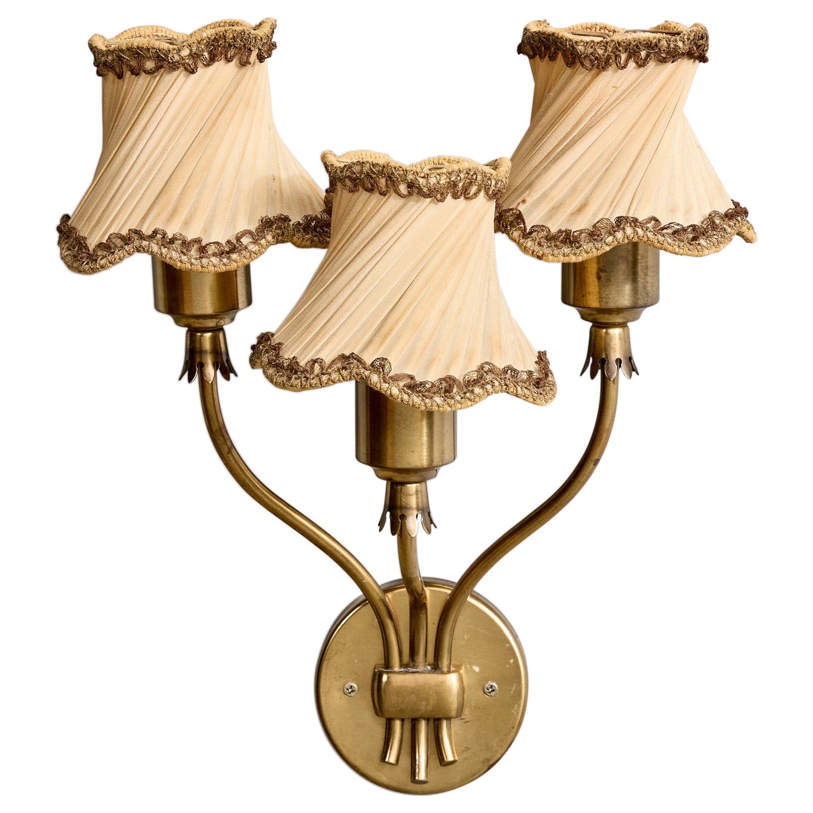 Swedish Designer, Wall Light, Brass, Fabric, Sweden, 1940s