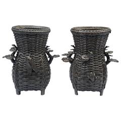 Pair of Japanese Bronze Basket Weave Vases, 19th Century