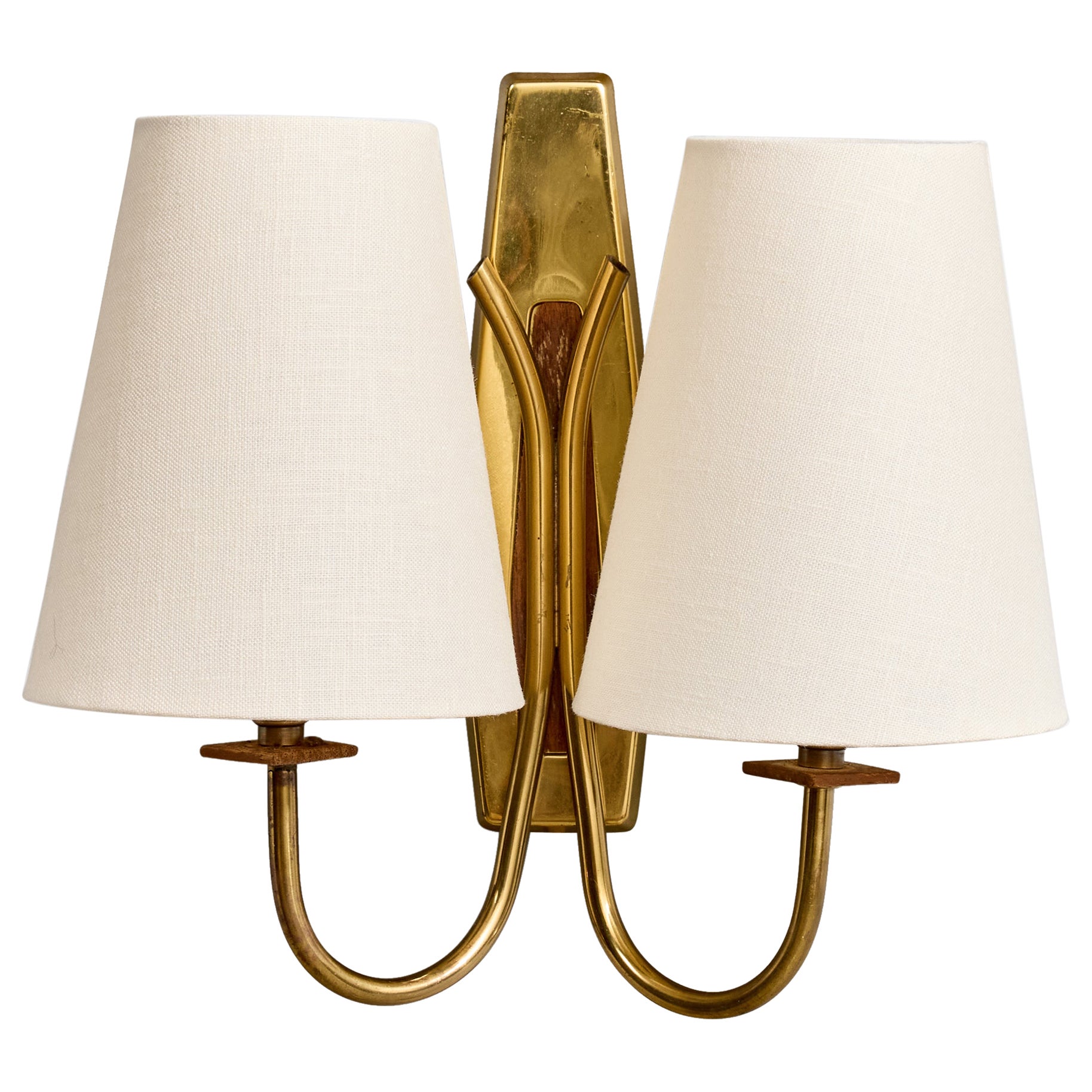 Swedish Designer, Wall Light, Brass, Teak, Fabric, Sweden, 1950s