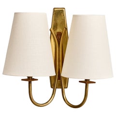 Swedish Designer, Wall Light, Brass, Teak, Fabric, Sweden, 1950s