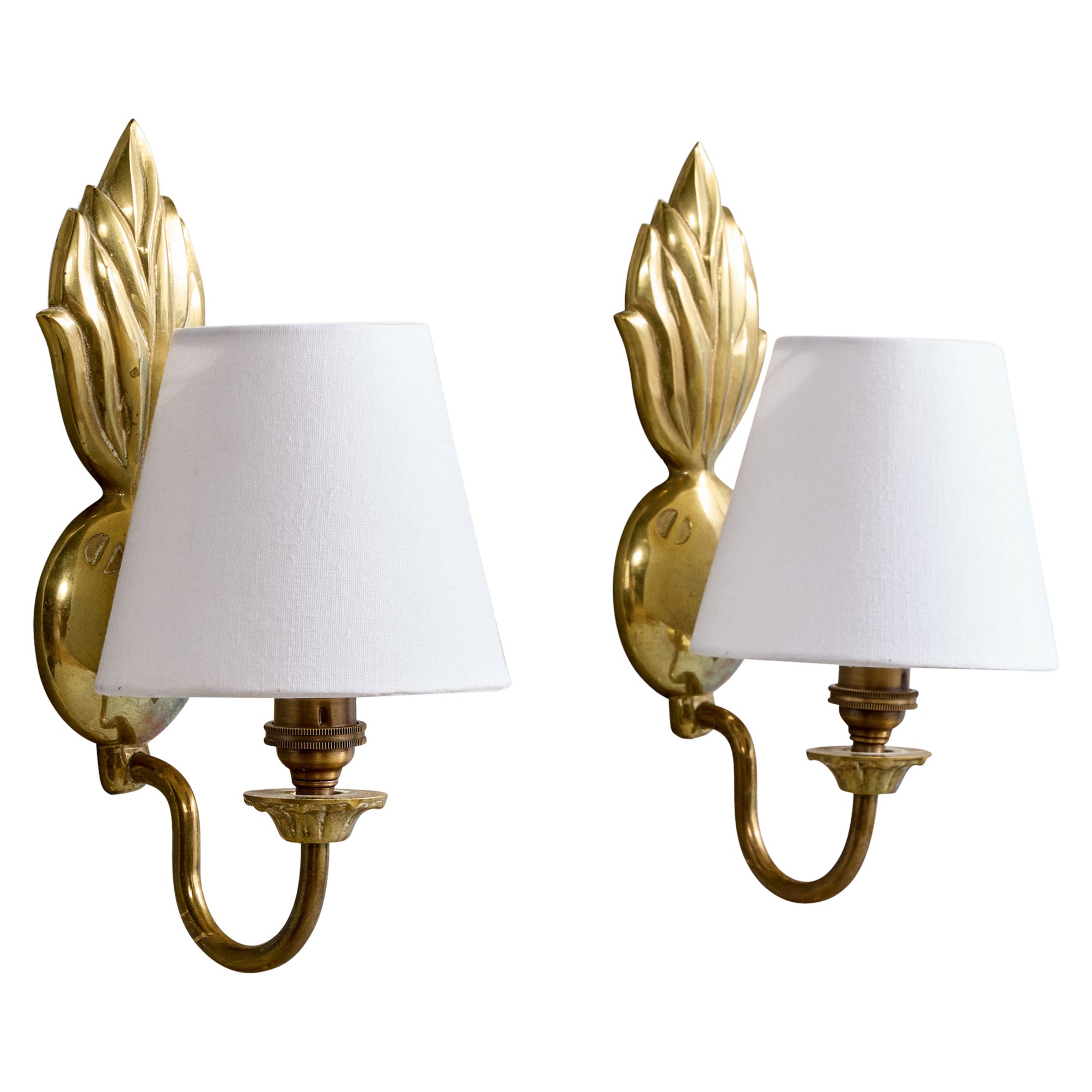 Swedish Designer, Wall Lights, Brass, Fabric, Sweden, 1940s