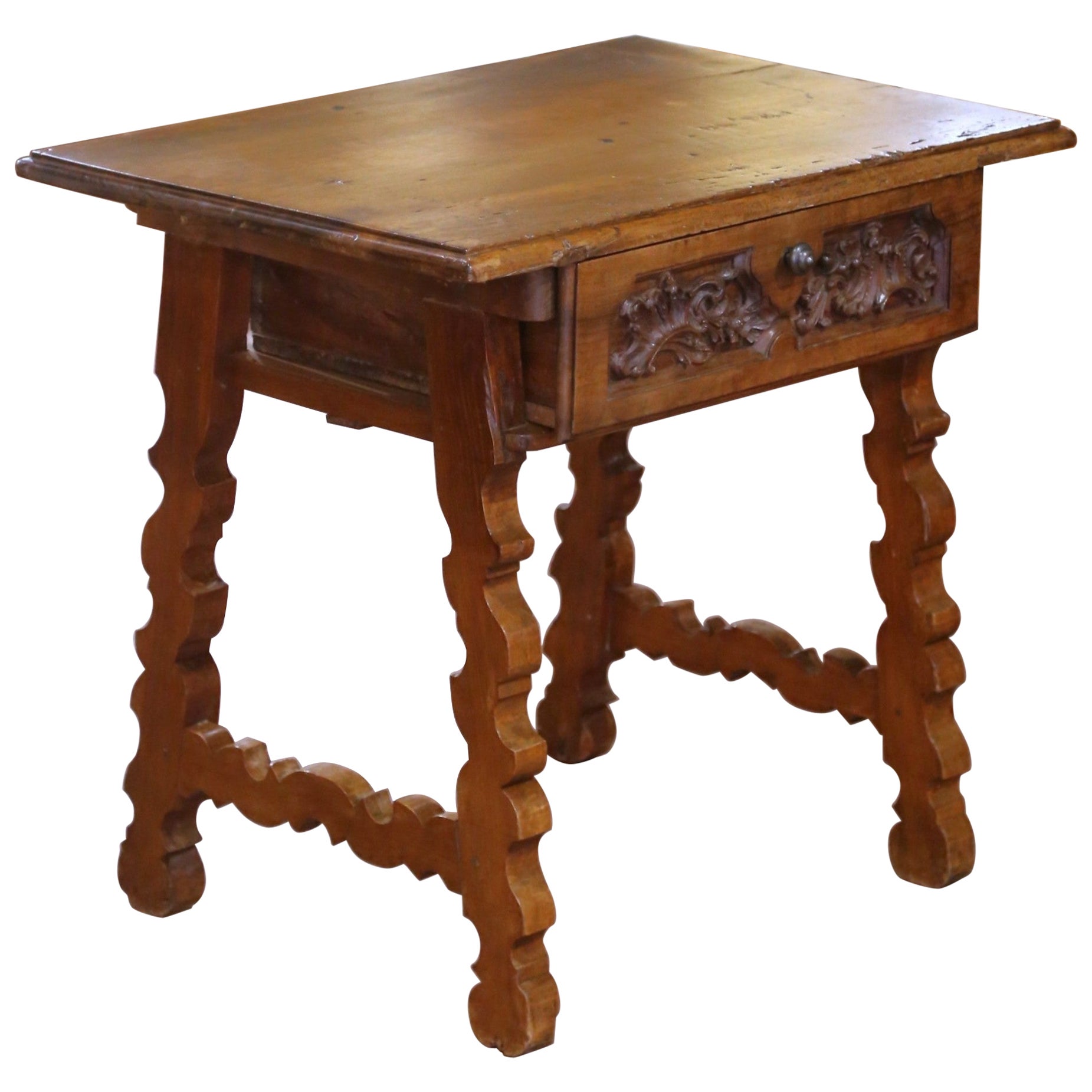 18th Century Spanish Catalan Carved Walnut Side Table with Drawer and Stretcher