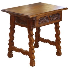 18th Century Spanish Catalan Carved Walnut Side Table with Drawer and Stretcher