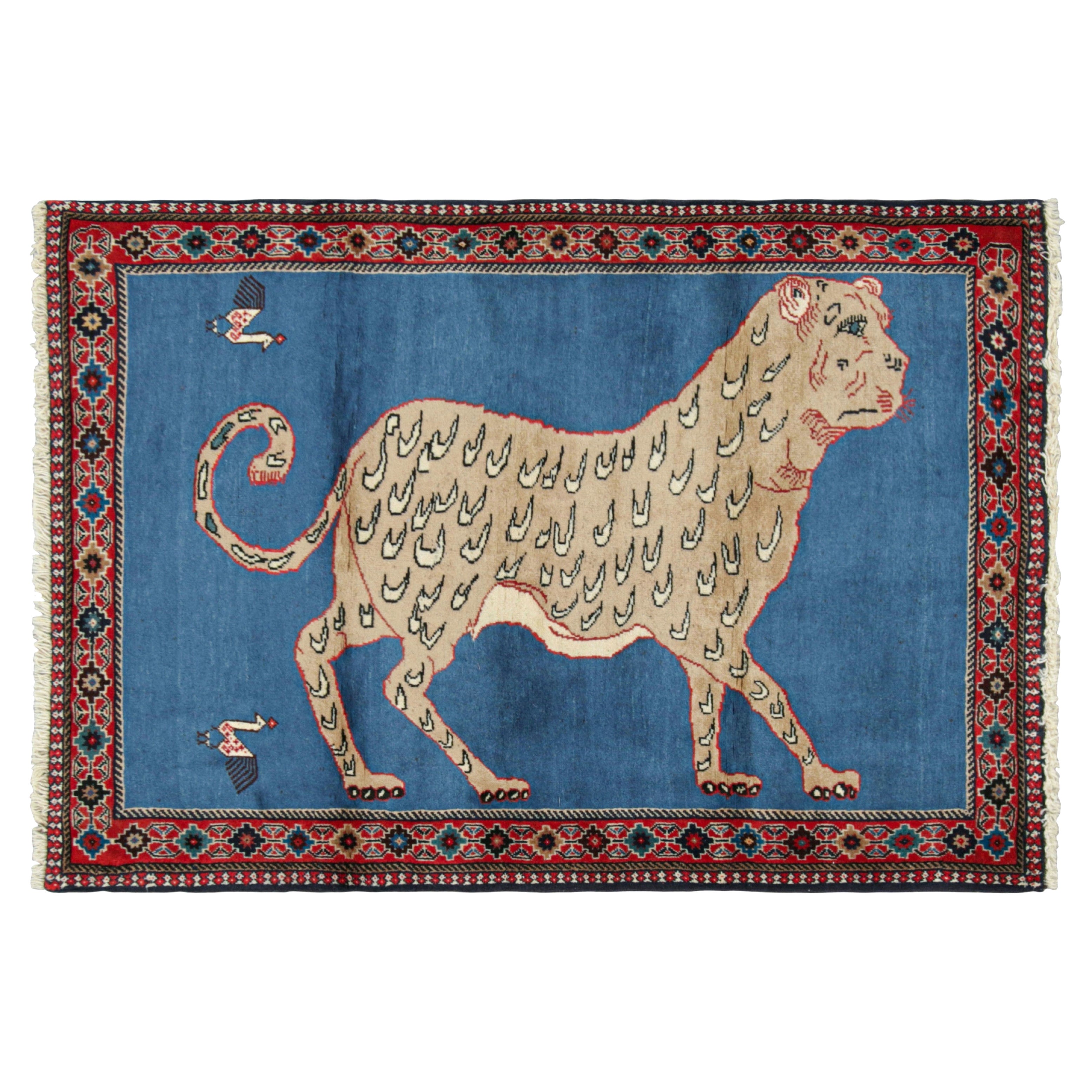 Vintage Gabbeh Persian Runner Rug, Blue with Animal Pictorials - Rug & Kilim