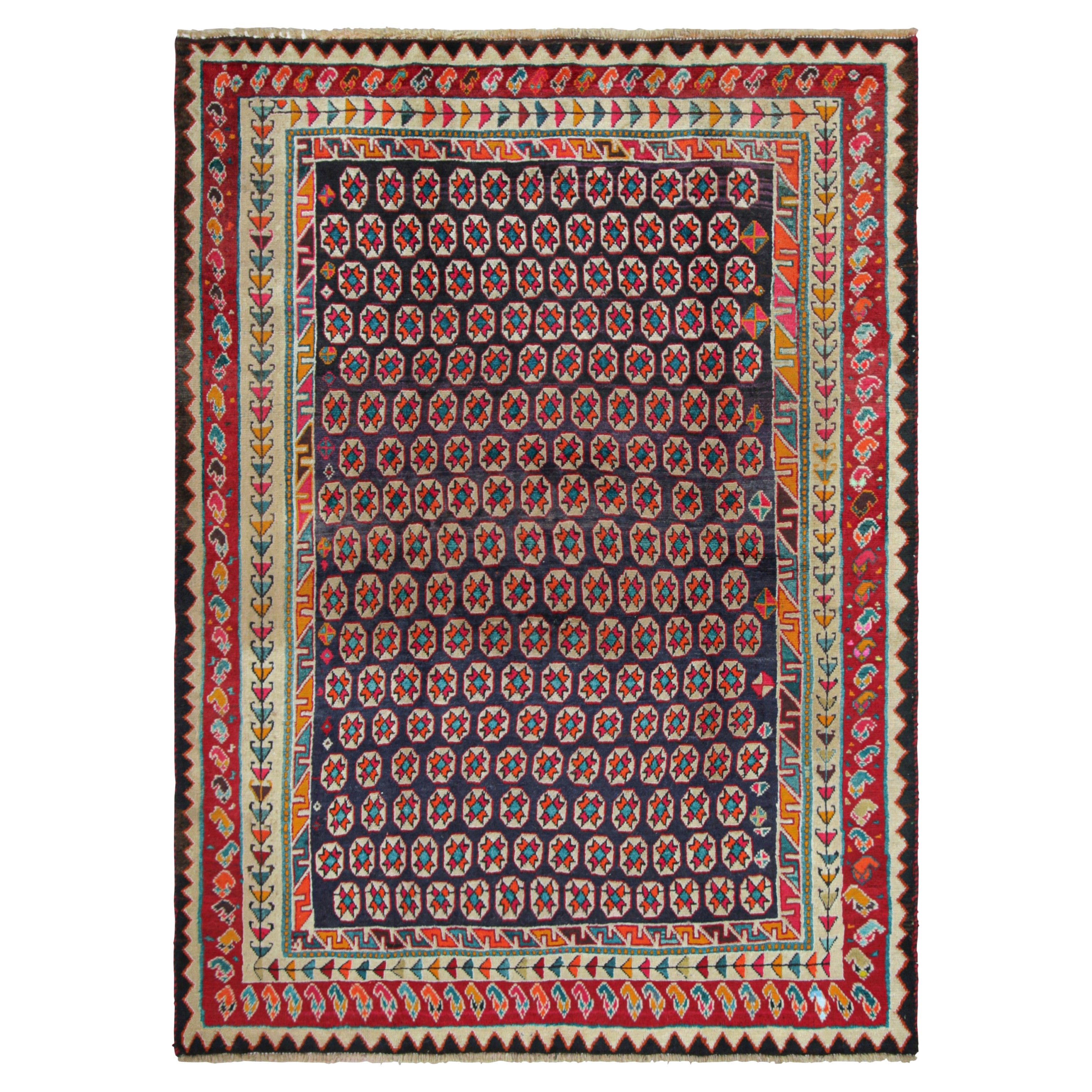Vintage Gabbeh Persian Rug, Indigo with Vibrant Geometric Patterns - Rug & Kilim