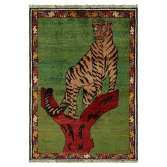 Vintage Gabbeh Persian Rug, Green with Tribal Tiger Pictorial - Rug & Kilim
