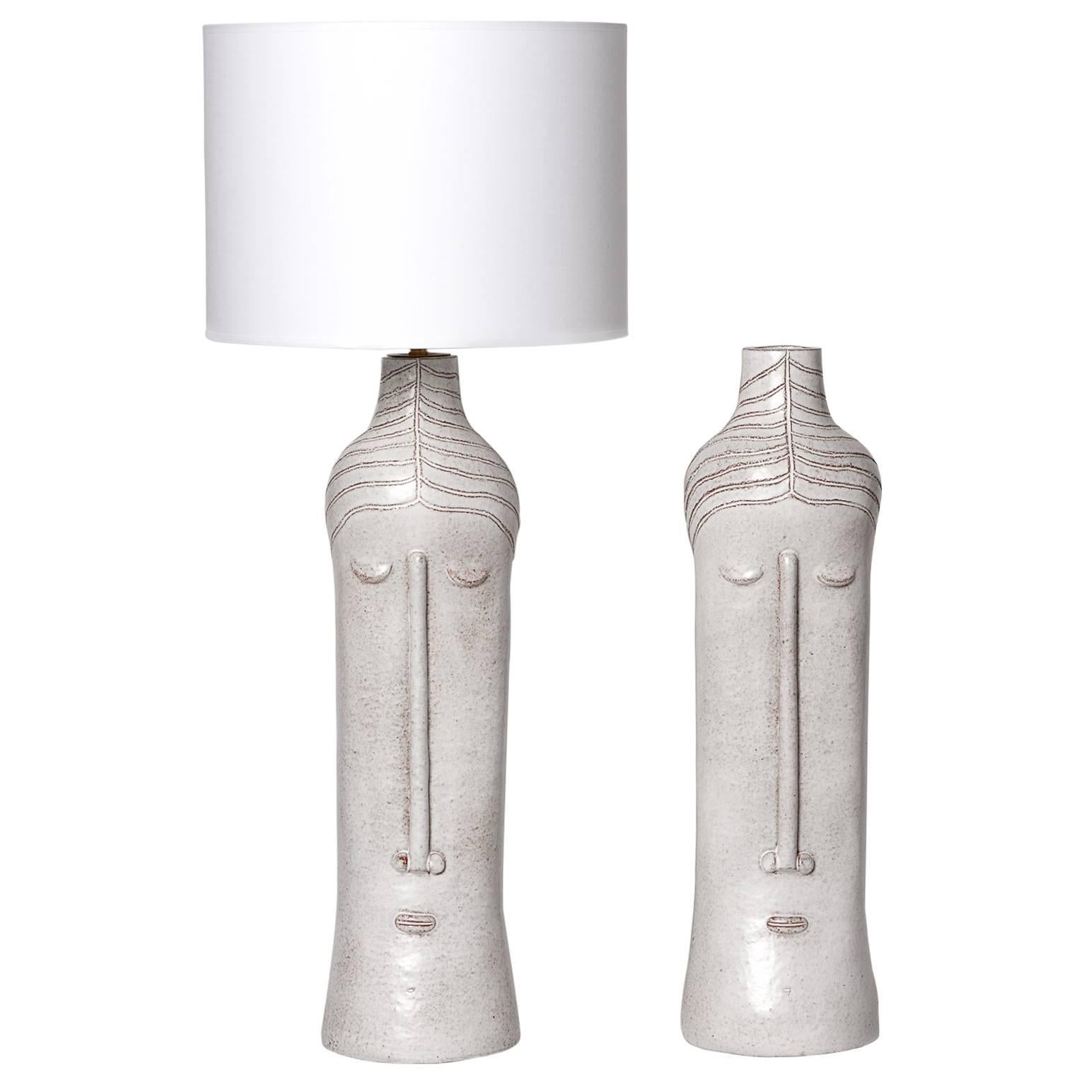 Pair of Ceramic Lamp Bases with Stylized Faces, Unique Piece by Dalo