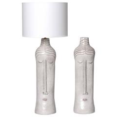 Pair of Ceramic Lamp Bases with Stylized Faces, Unique Piece by Dalo
