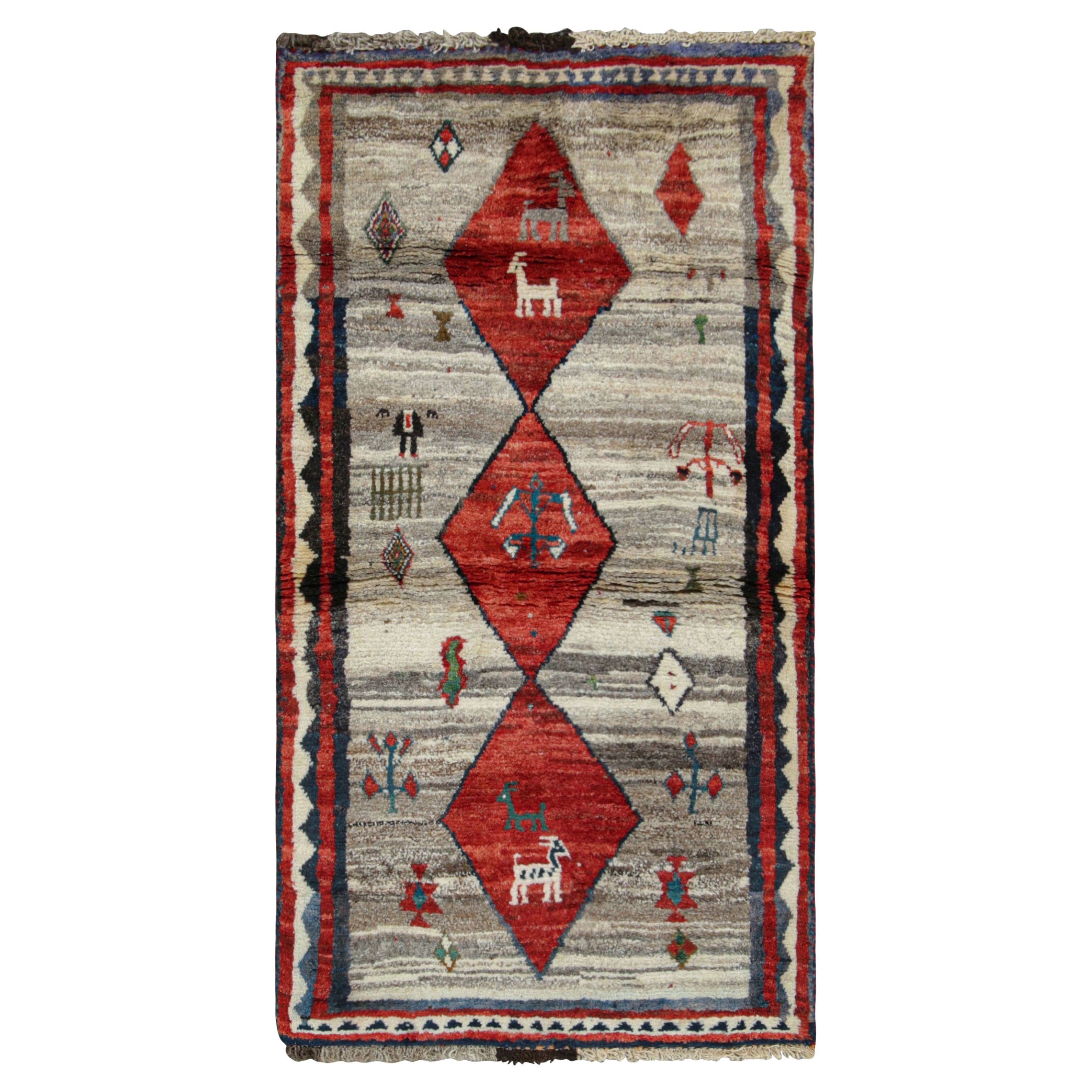 Vintage Gabbeh Persian Rug in Red and Gray with Animals Pictorials - Rug & Kilim