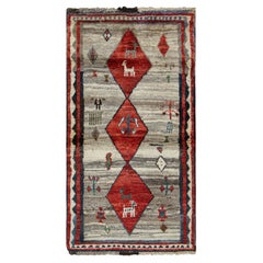 Vintage Gabbeh Persian Rug in Red and Gray with Animals Pictorials - Rug & Kilim