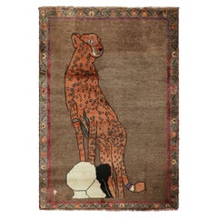 Vintage Gabbeh Persian Rug in Brown with Cheetah Pictorial - Rug & Kilim