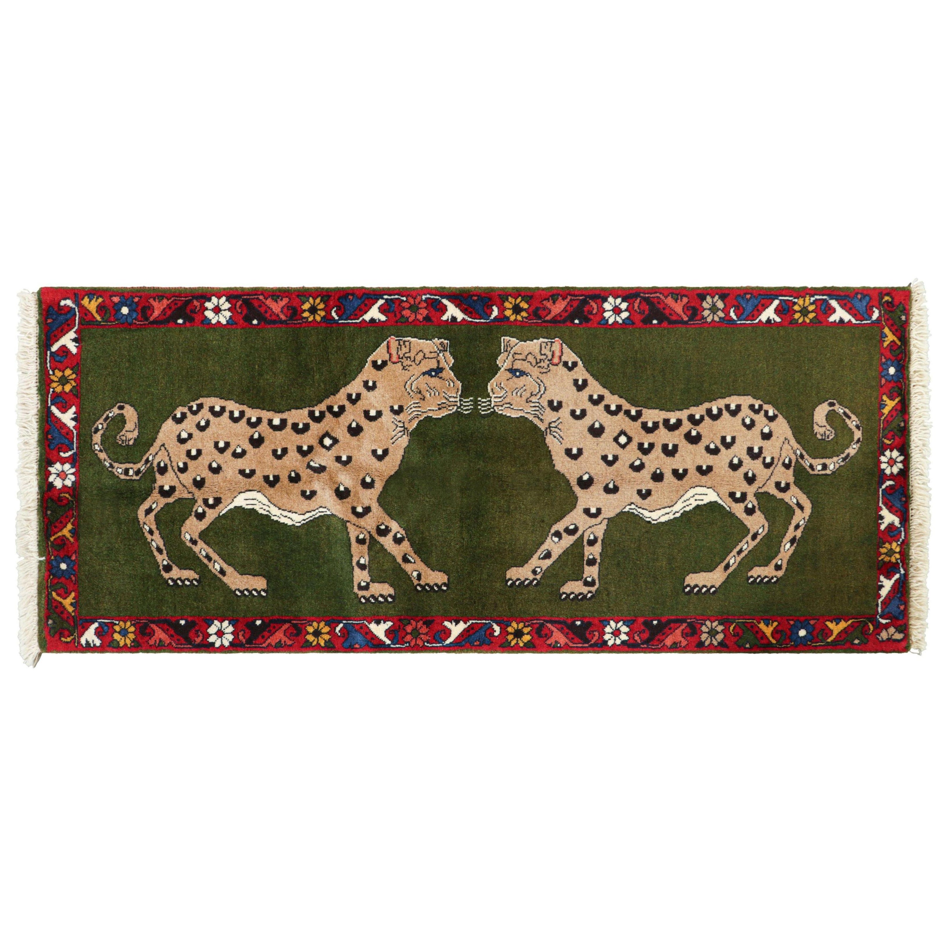 Vintage Gabbeh Persian Runner Rug in Green with Leopard Pictorials - Rug & Kilim