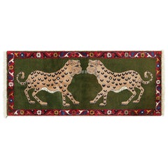 Vintage Gabbeh Persian Runner Rug in Green with Leopard Pictorials - Rug & Kilim