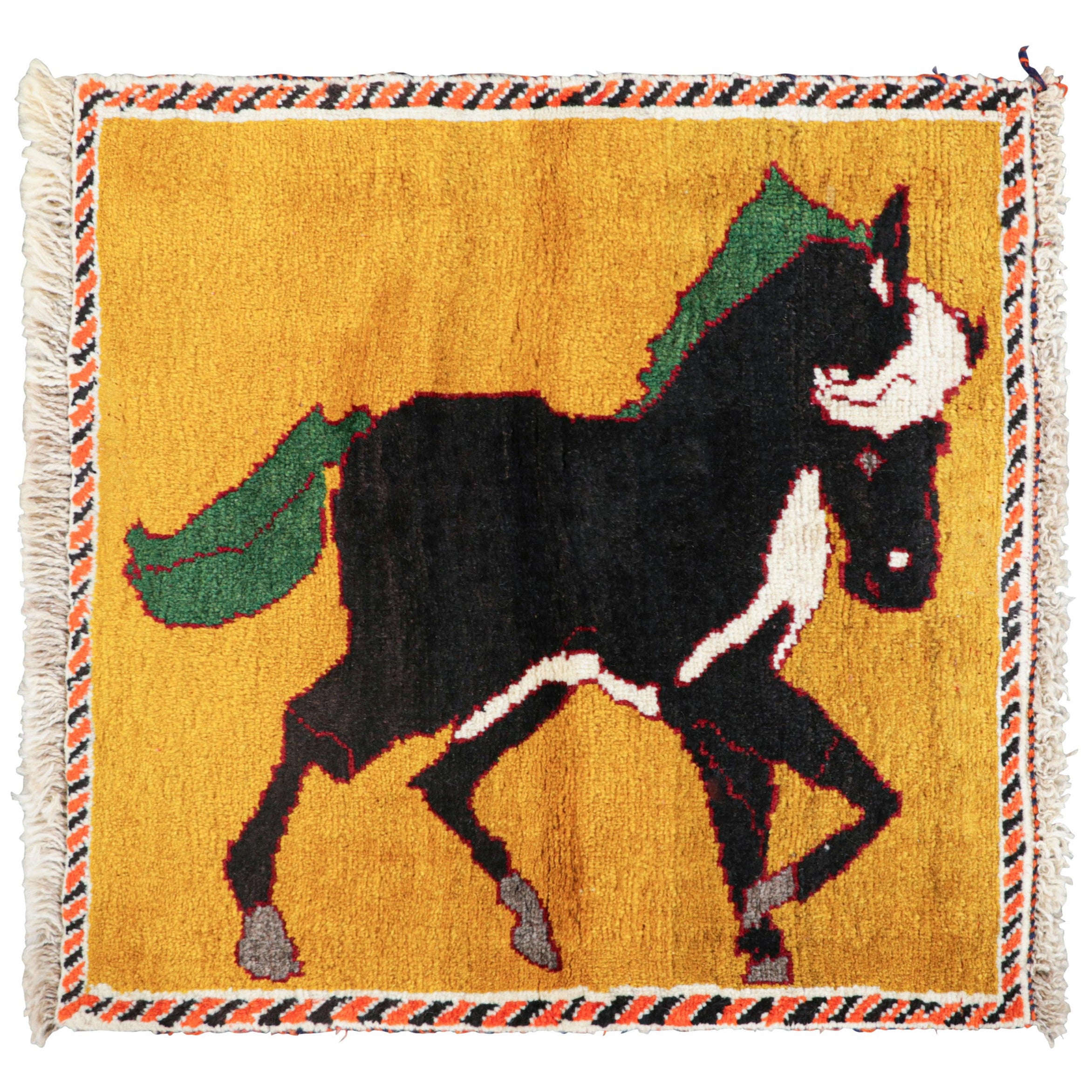 Vintage Gabbeh Persian Square Rug in Gold with Horse Pictorial - Rug & Kilim