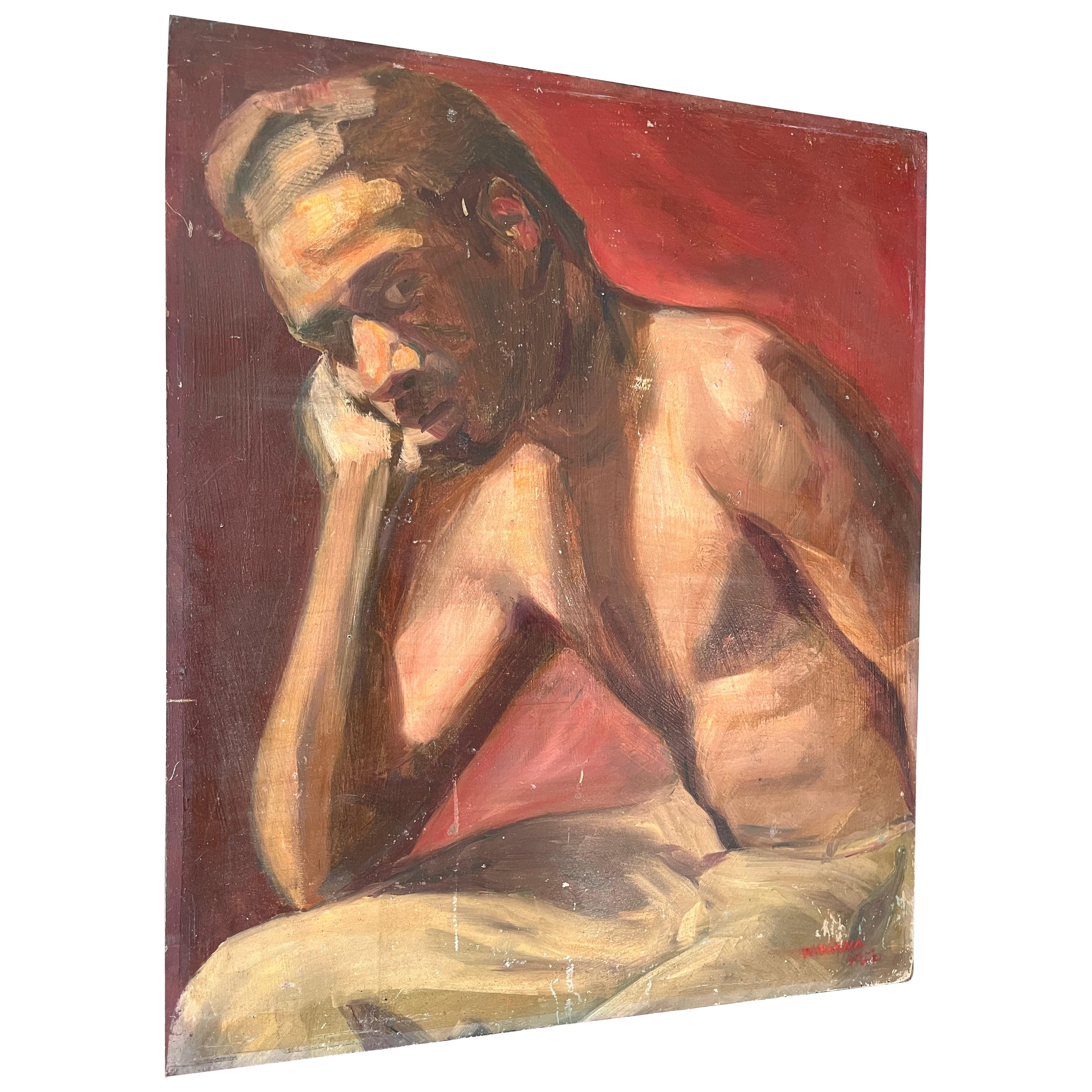 Mid Century Oil On Board Painting Man Marion Viana