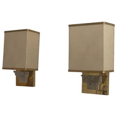 Exclusive Fabric, Stone and Brass Pair of Sconces, 1960s, Italy