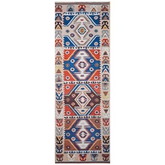 Vintage Turkish Kilim Runner in Geometric Pattern in Blue, Red, Ivory, Brown