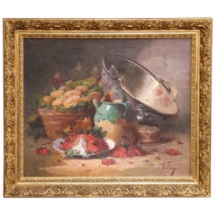 Antique 19th Century French Still Life Oil Painting in Carved Gilt Frame by G. Vallon