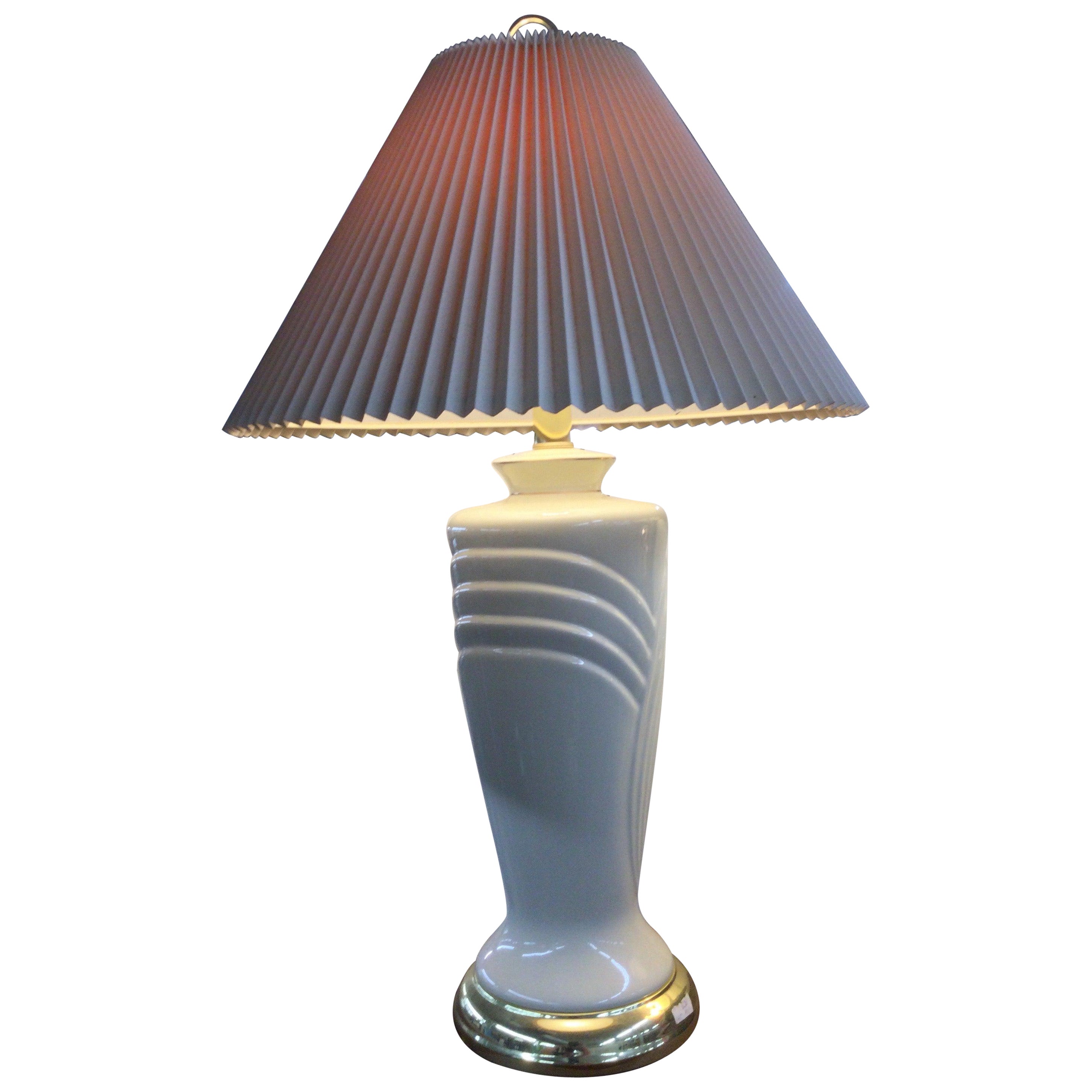 Postmodern White Ceramic Table Lamp with Brass Base & Pleated Shade