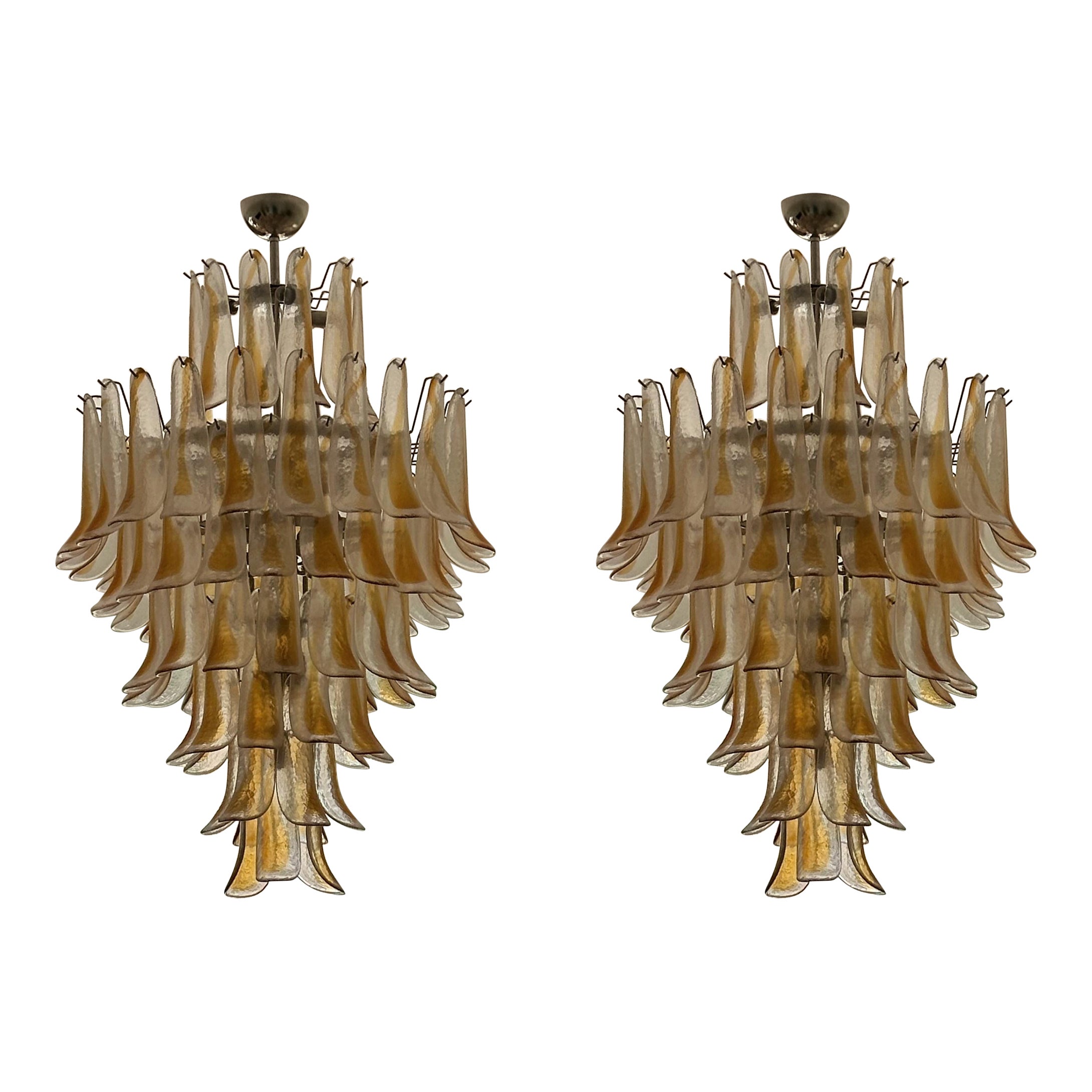 Pair of Large Hugh XL Eclectic Murano Chandeliers Amber Flamingo style For Sale