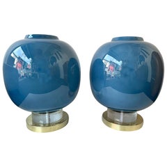 Contemporary Pair of Brass and Blue Murano Glass Bulb Lamps, Italy