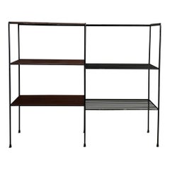 Vintage Sixties Italian Étagère,  black painted iron structure and wooden shelves