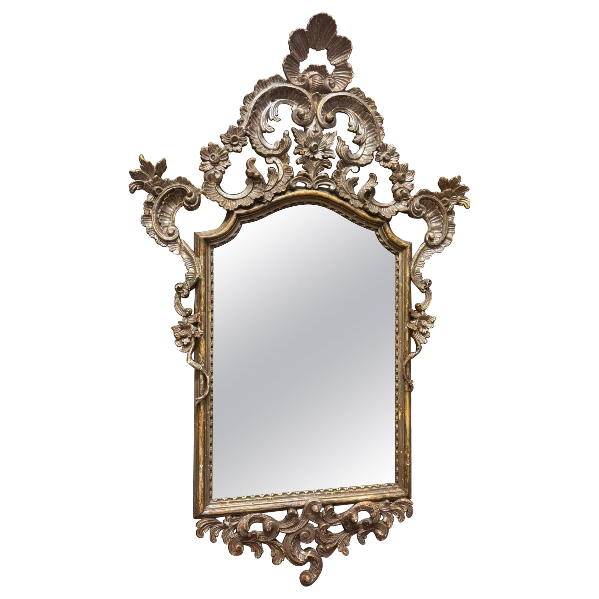 Mirror in silver lacquered wood, richly carved with open carved top, Italy For Sale