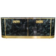 Mastercraft Lacquer Painted Malachite and Brass Credenza