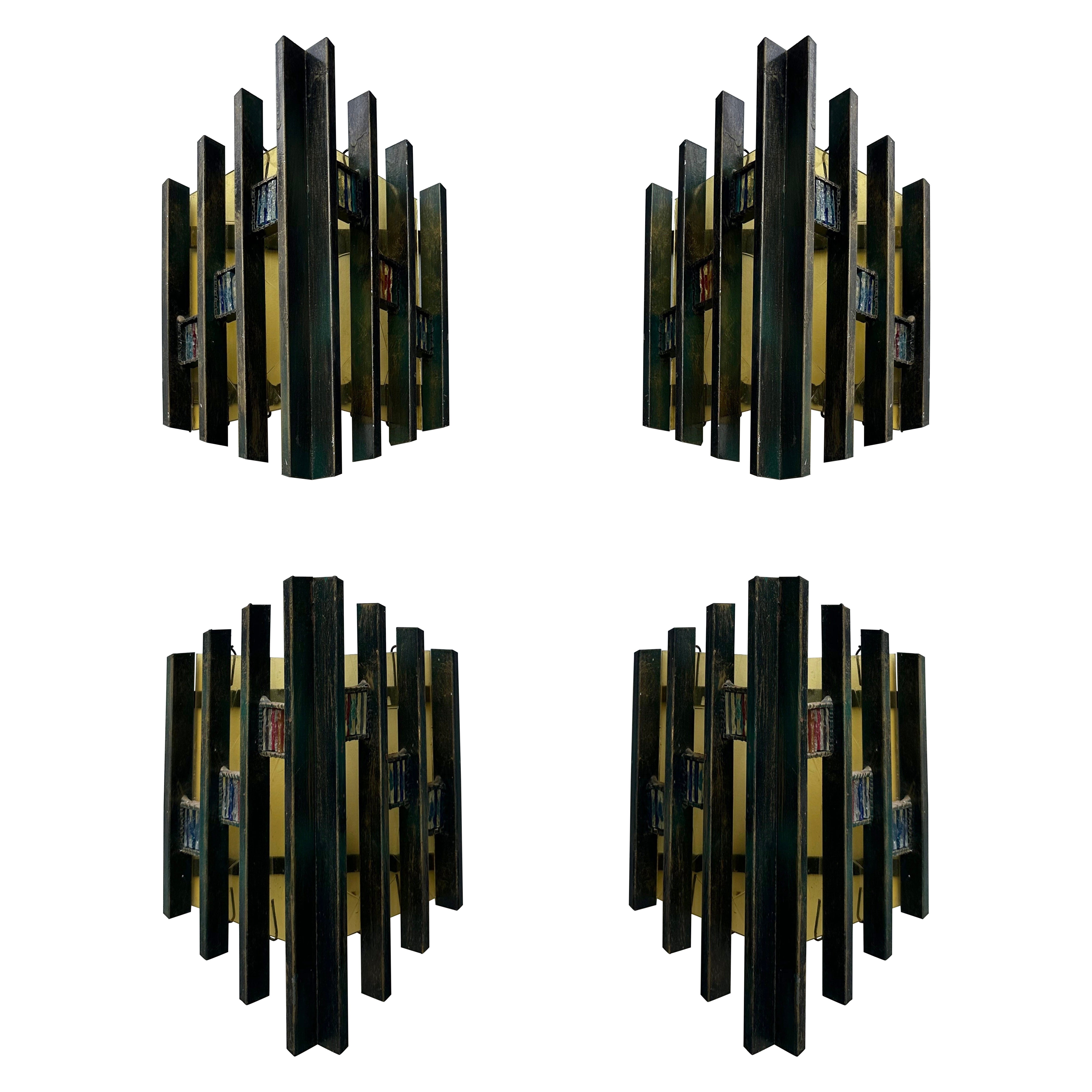 Pair of Hammered Glass Gilt Iron Sconces by Biancardi, Italy, 1970s